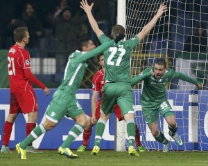 Terziev of Ludogorets celebrates after scoring a goal against Liverpool during their Champions League soccer match in Sofia